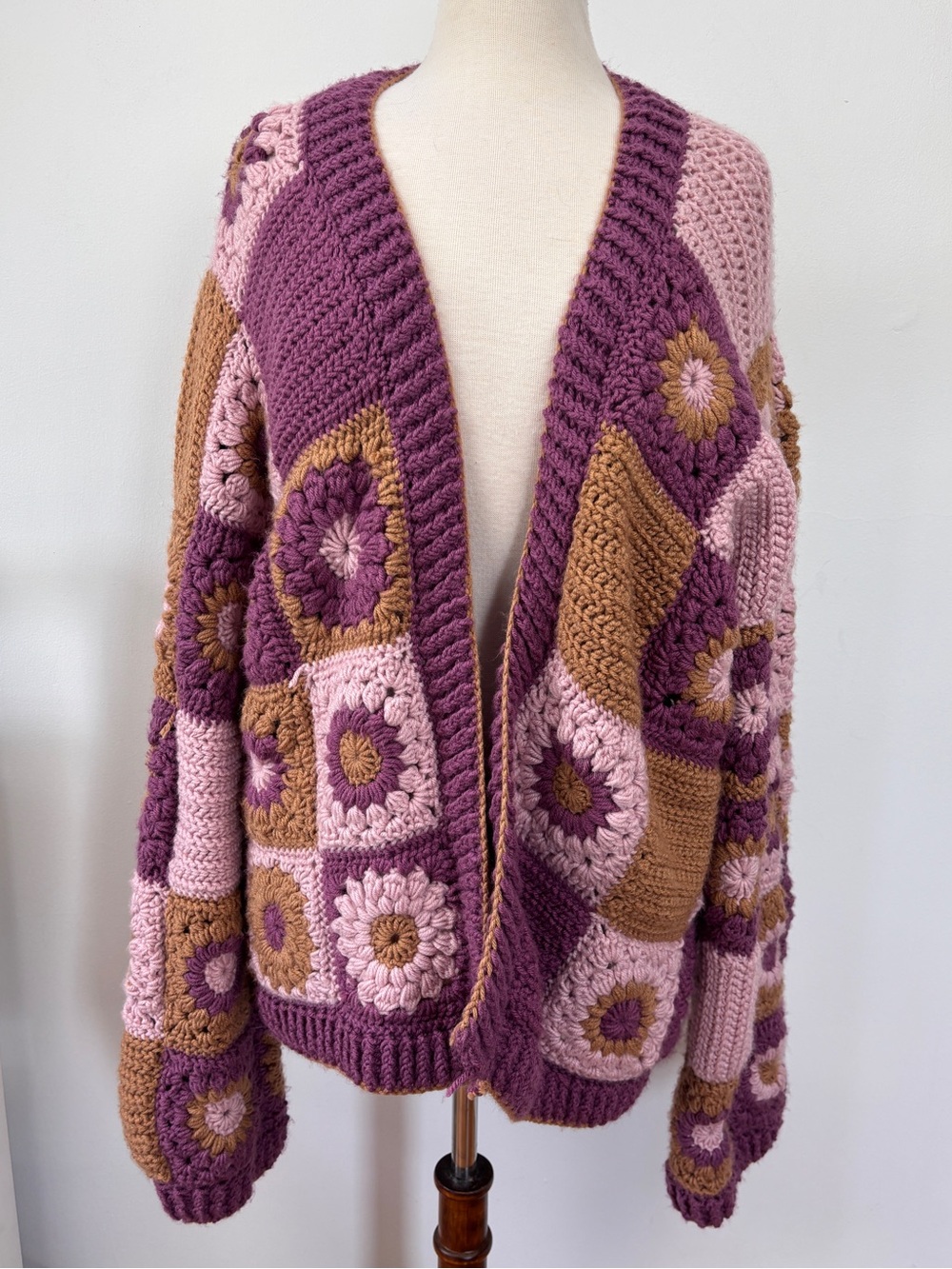 Handmade Knit Crochet Oversized Granny Square Cardigan L/XL As-Is
